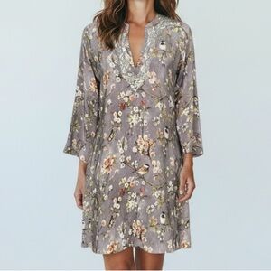Amaya 100% Silk Floral Embroidered Split V-Neck Long Sleeve Mini Dress Size 38